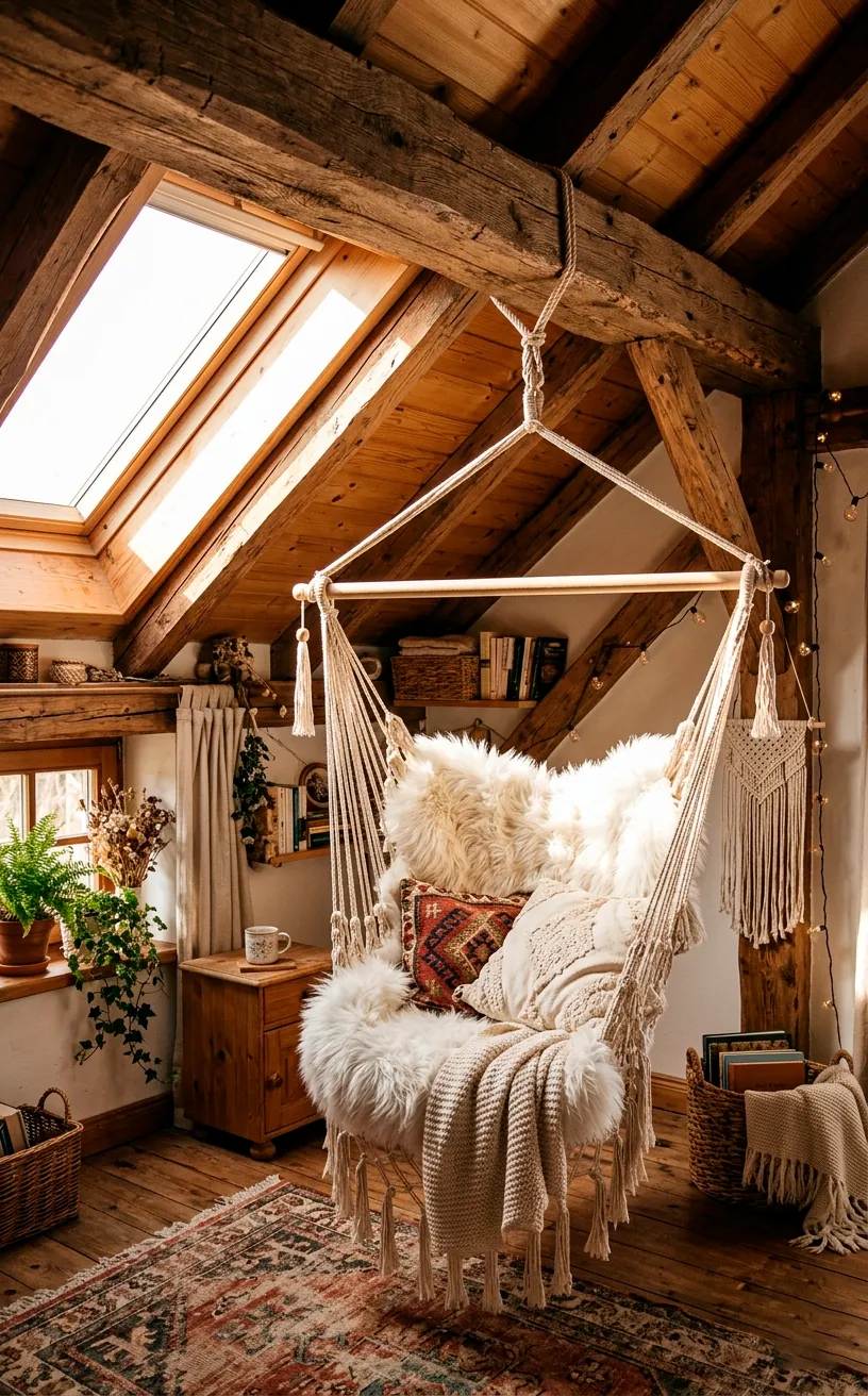 Swinging hammock chair lined with a white faux fur pelt suspended from an attic beam