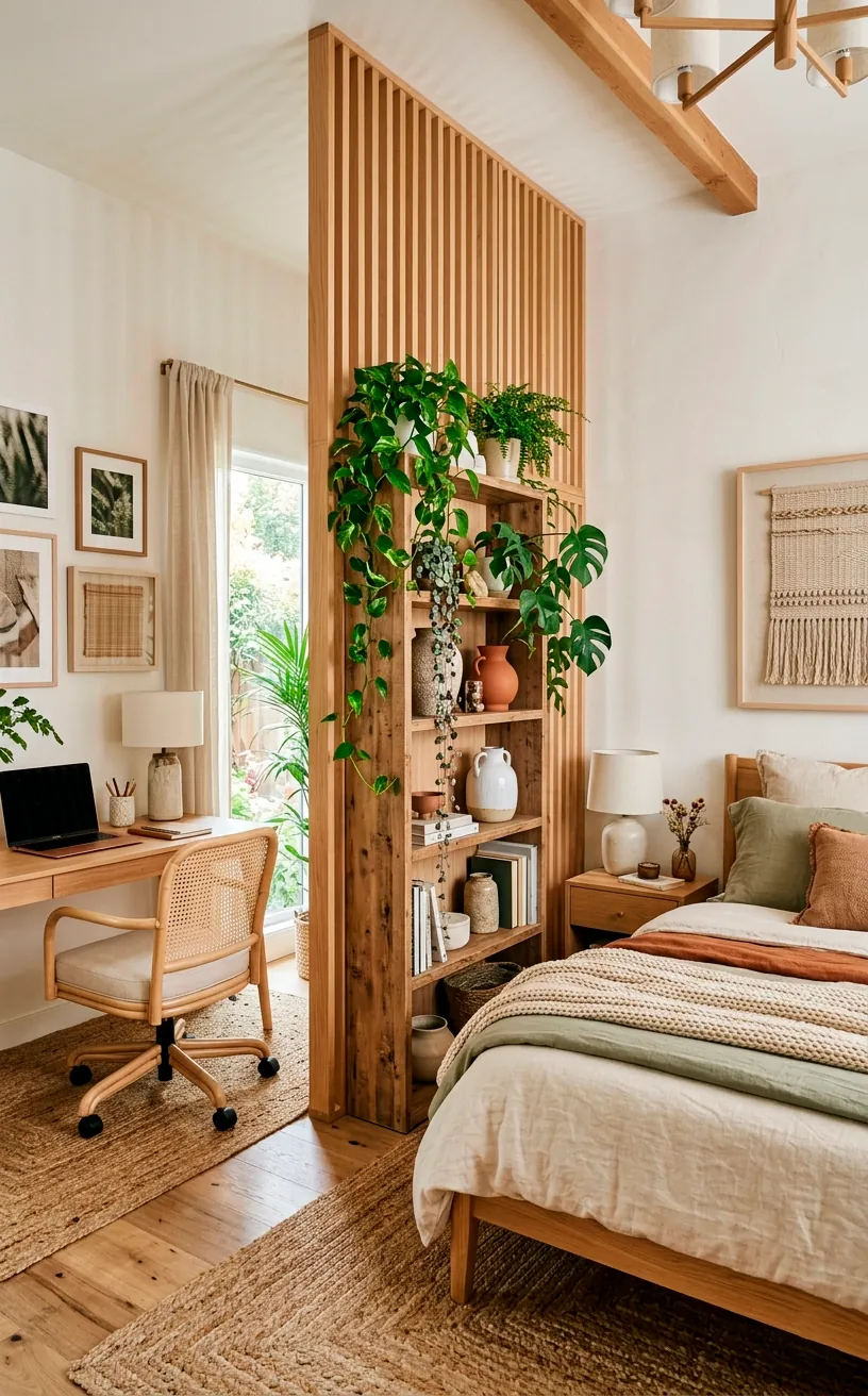 Slatted wood room divider and bookshelf separating a home office from a guest bed