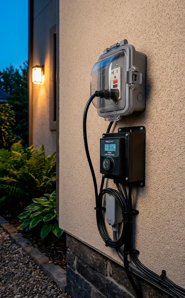 Low-voltage pond light transformer plugged securely into an outdoor GFCI outlet