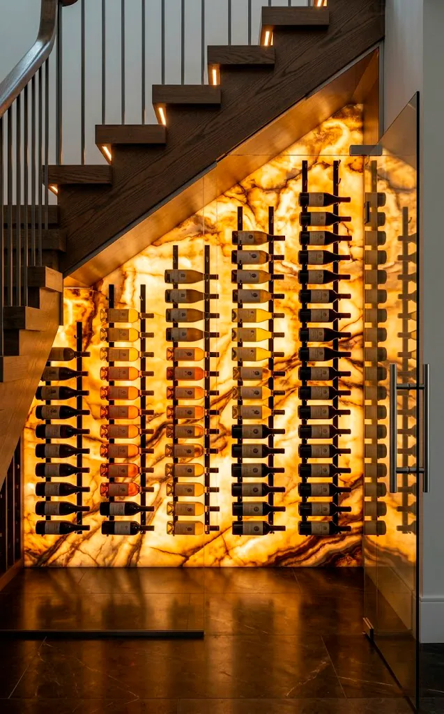 Luxury wine cellar featuring a glowing backlit translucent onyx stone back wall