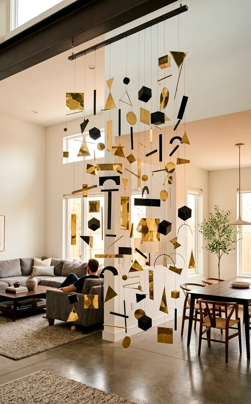 Brass and black kinetic sculpture room divider rotating between modern living spaces.