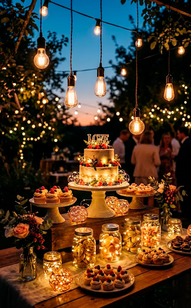 Dessert table illuminated by warm fairy lights and Edison bulbs at dusk