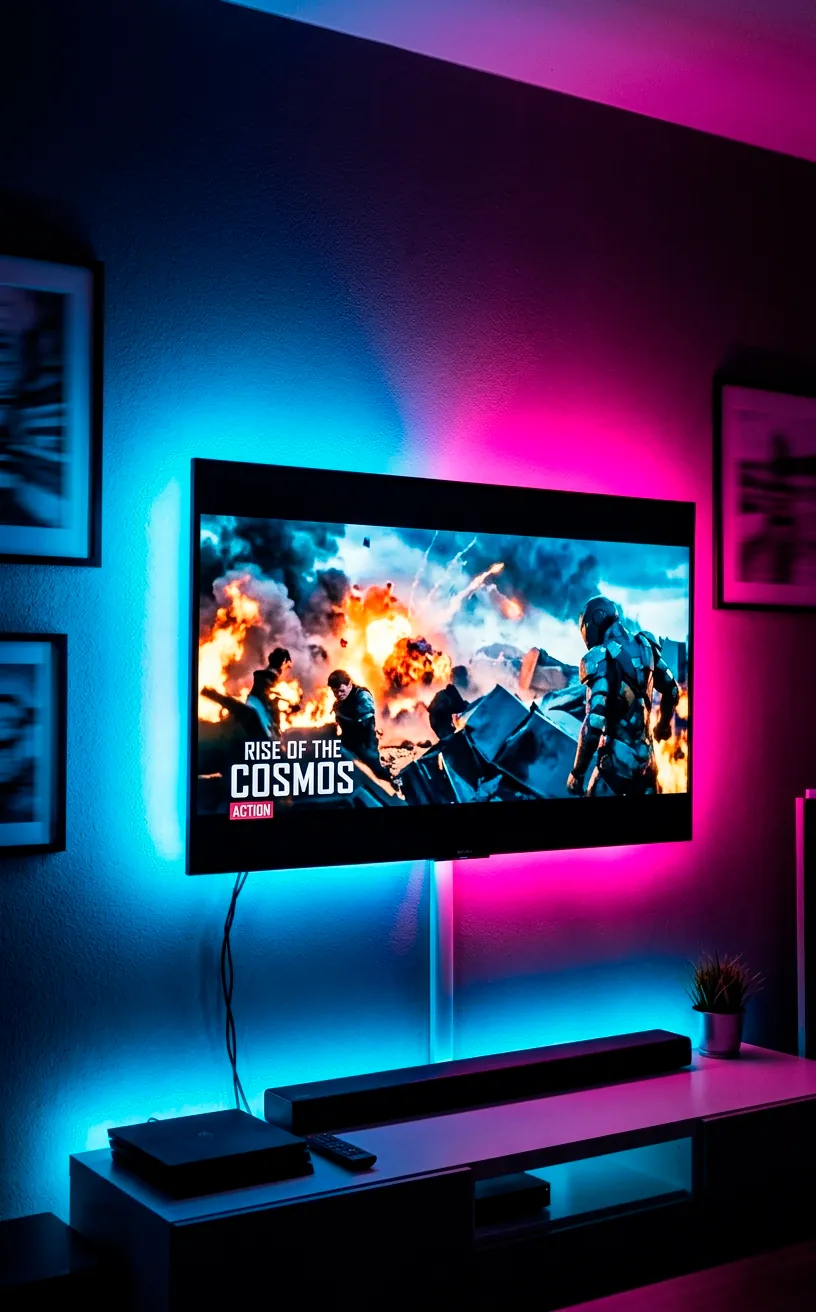 Smart TV backlights syncing colors with an action movie screen.
