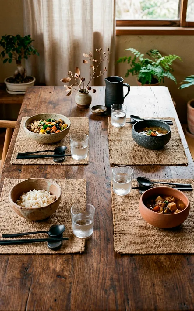Minimalist Japandi table setting with asymmetrical wabi-sabi ceramic bowls and matte black flatware.