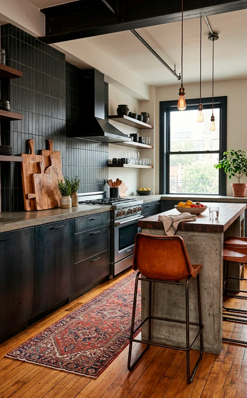 Industrial kitchen with steel cabinets warmed up by leather barstools and a woven runner rug