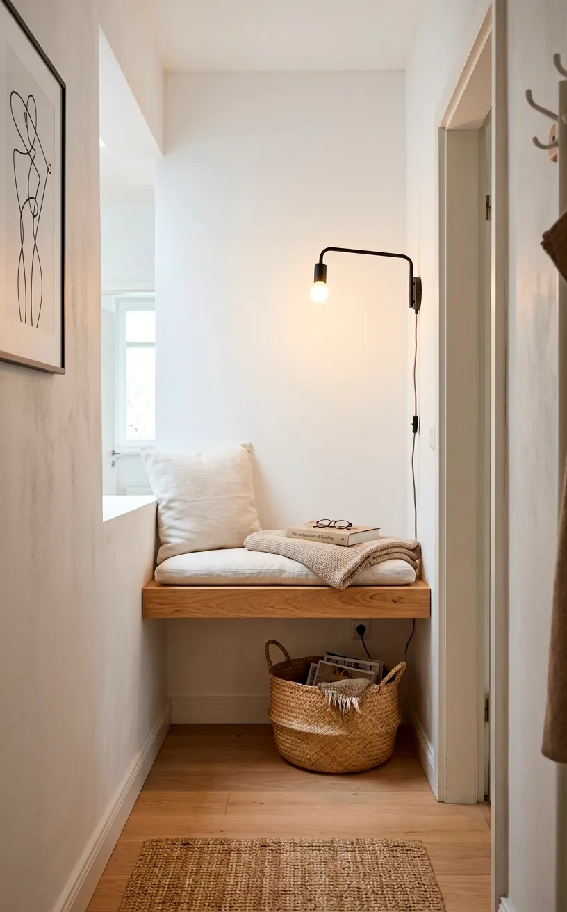 Hallway dead-end with a floating wood bench, woven basket underneath, and a plug-in wall sconce.