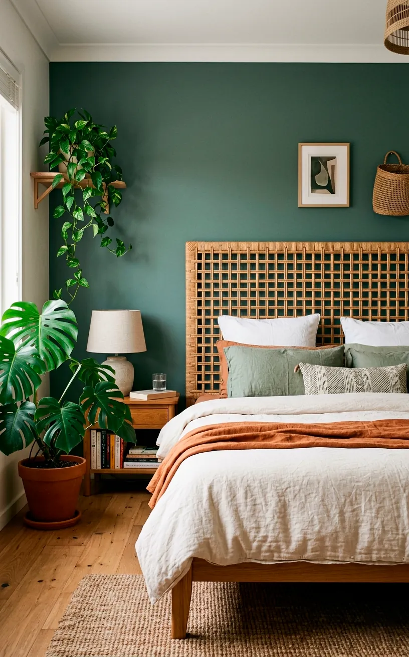 Chunky open weave lattice rattan headboard set against a deep dusty sage green accent wall