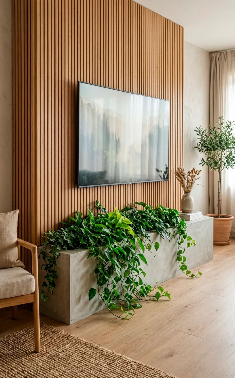 Japandi media wall with oak slats and an integrated recycled concrete planter holding trailing vines.