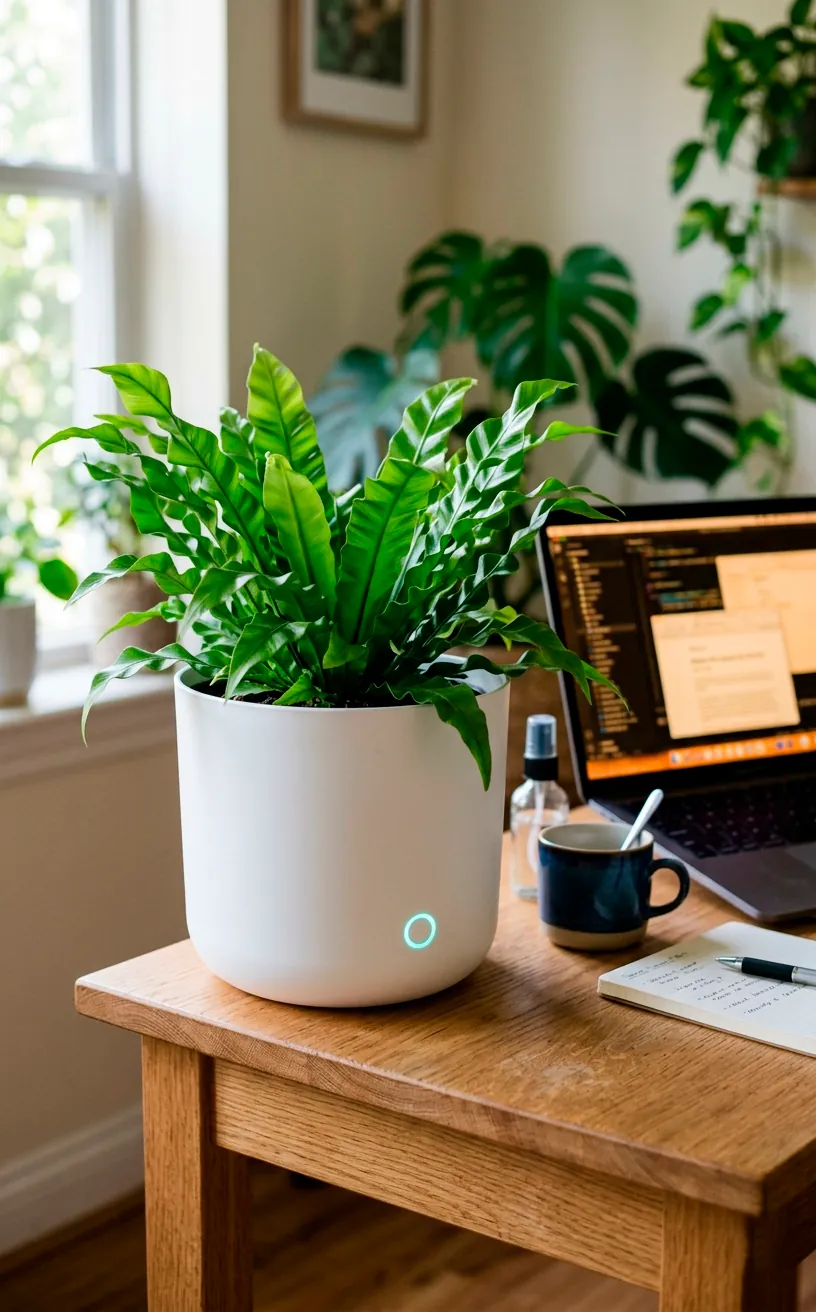 A modern white smart planter with a healthy fern and subtle LED indicator.