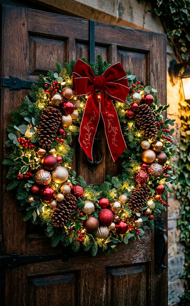 Pre-lit Christmas wreath with pinecones and a red bow on a front door