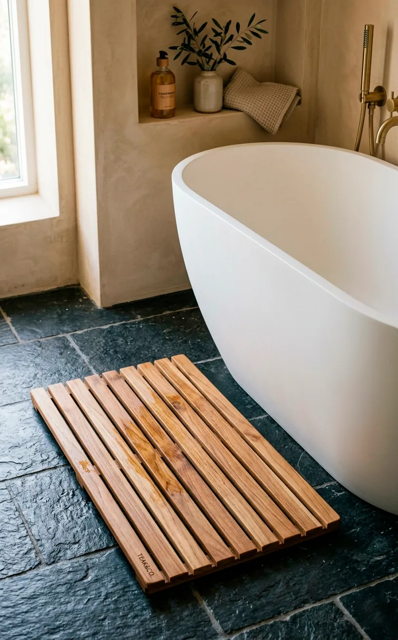 Slatted teak wood bath mat on dark stone floor beside a white bathtub.