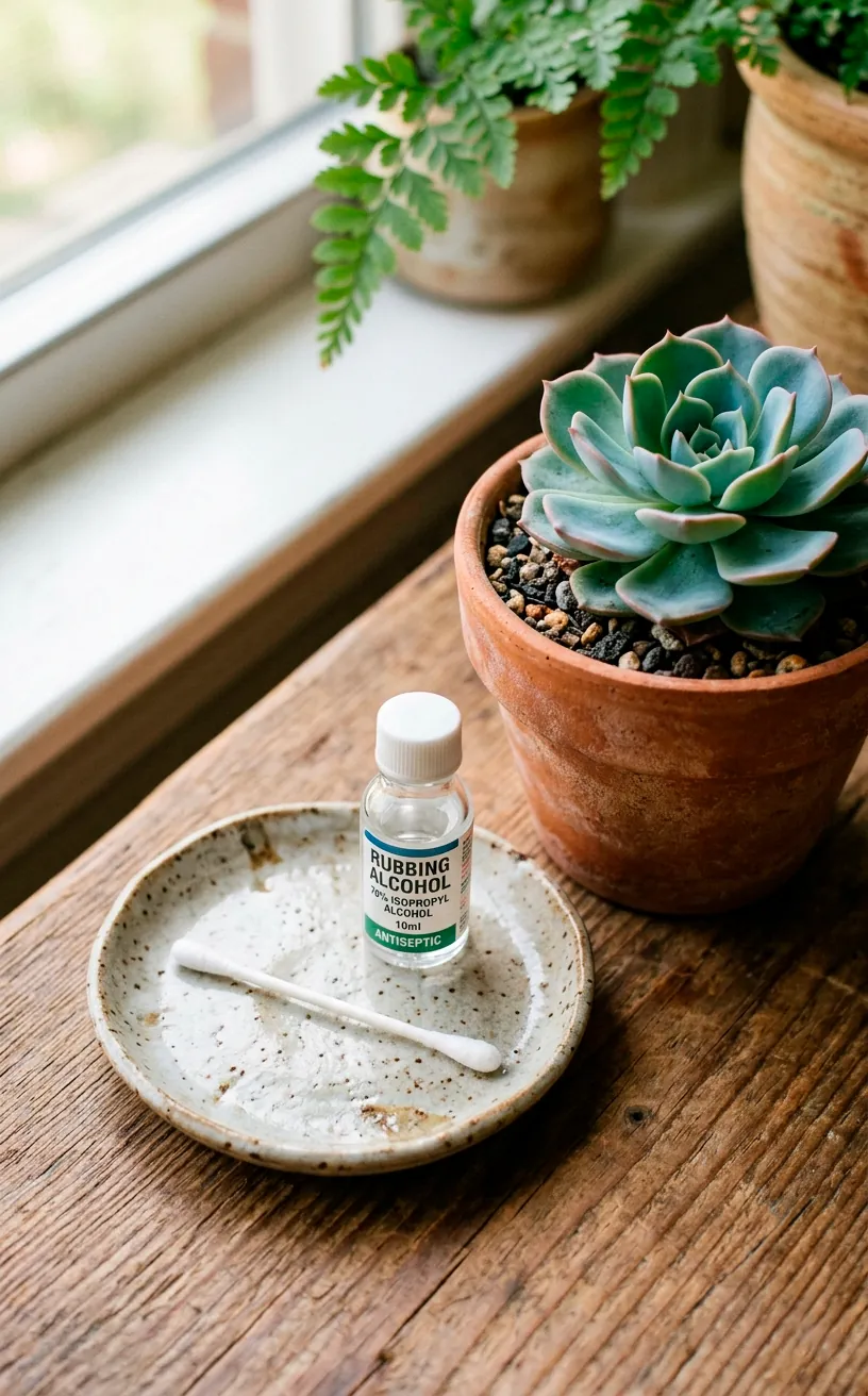 A cotton swab and rubbing alcohol set up next to a potted succulent for pest control.