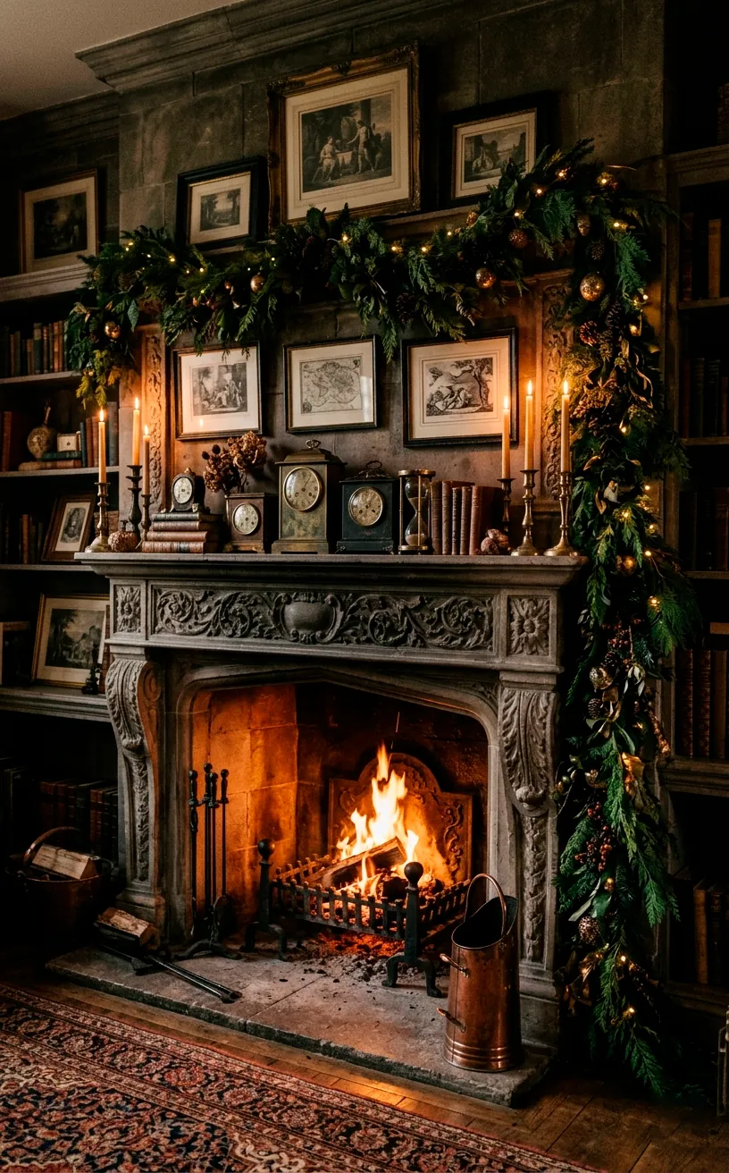 Ornate fireplace mantel styled with thick cedar garland, brass clocks, and taper candles