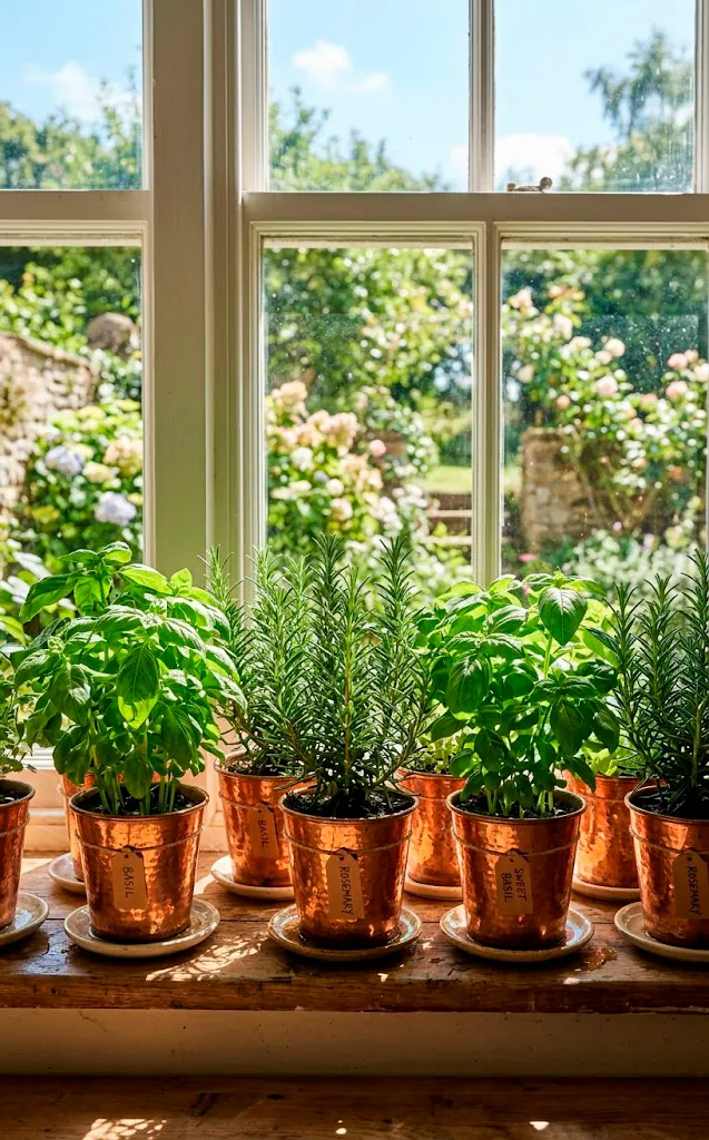 Fresh herbs in copper pots sitting on a sunny kitchen windowsill.