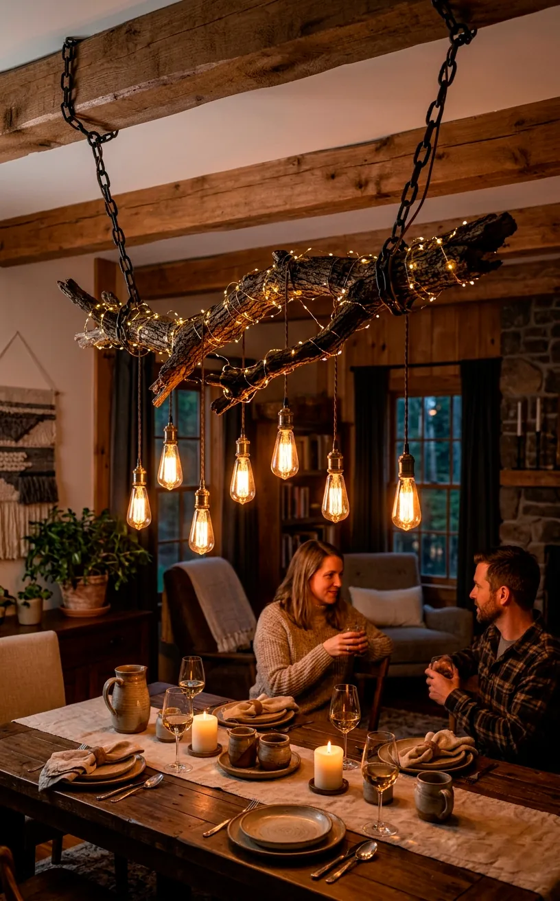 Weathered branch chandelier with Edison bulbs hanging over a rustic dining table.