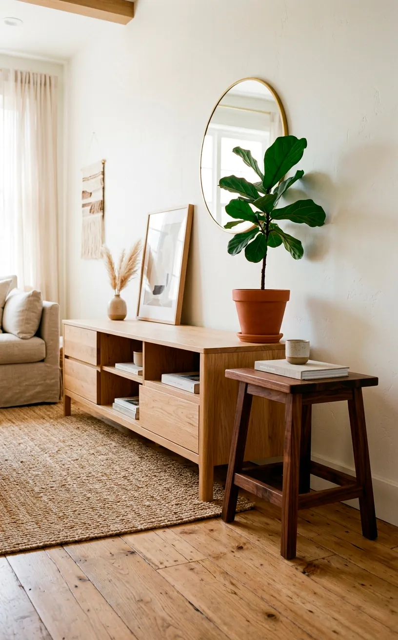 Stylish living room mixing wood tones with a light oak media console and a small dark walnut side stool.