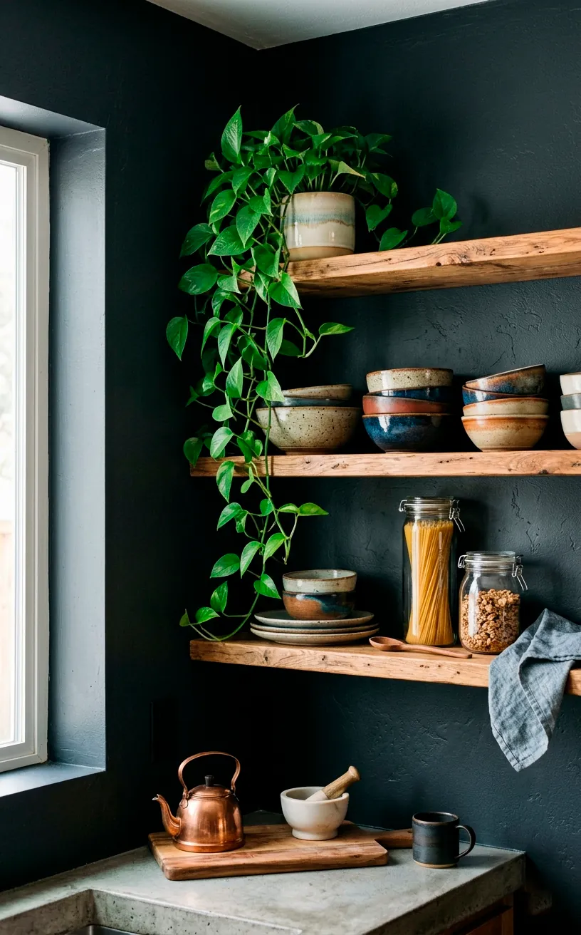 Modern moody kitchen corner with open wooden shelves holding handmade ceramic bowls and a vibrant green pothos plant.