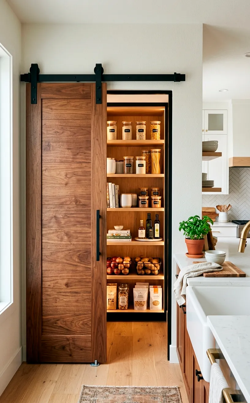 A modern solid walnut sliding barn door slightly open to reveal a neatly organized kitchen pantry.