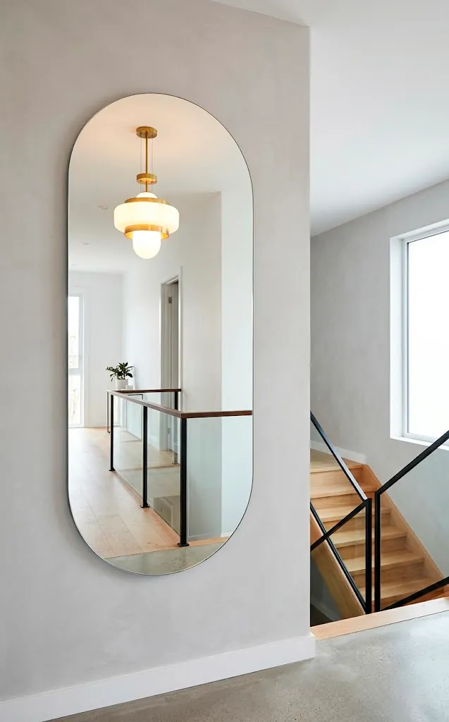 Massive frameless pill-shaped mirror hanging on a modern light grey staircase wall landing.