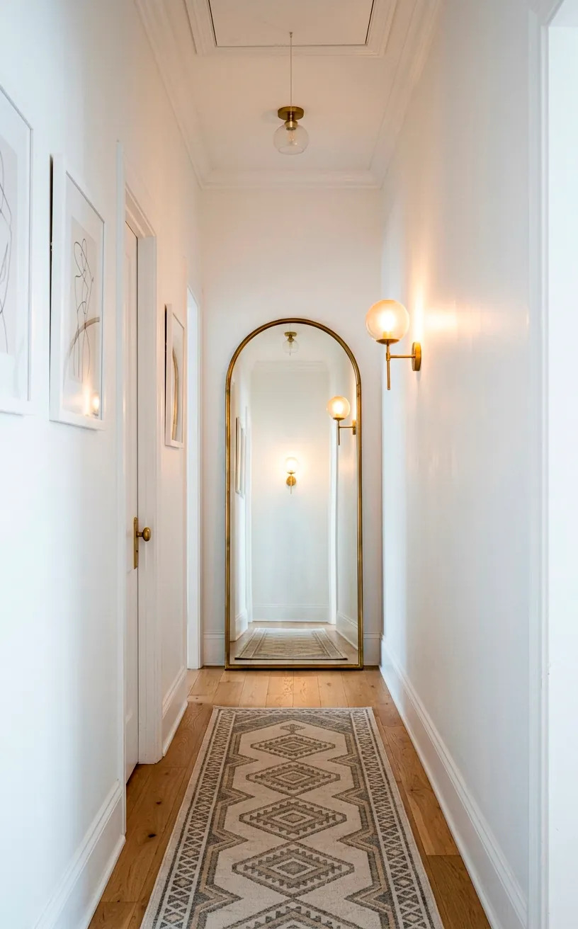 Tall arched floor mirror with a thin brass frame in a white narrow hallway reflecting light.