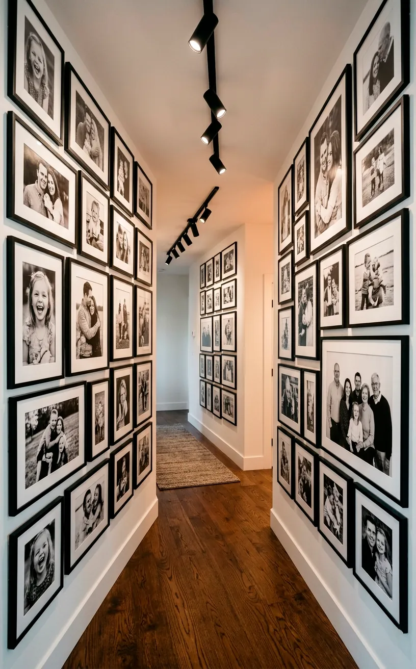 Gallery wall of fine art black and white family portraits in a modern hallway.