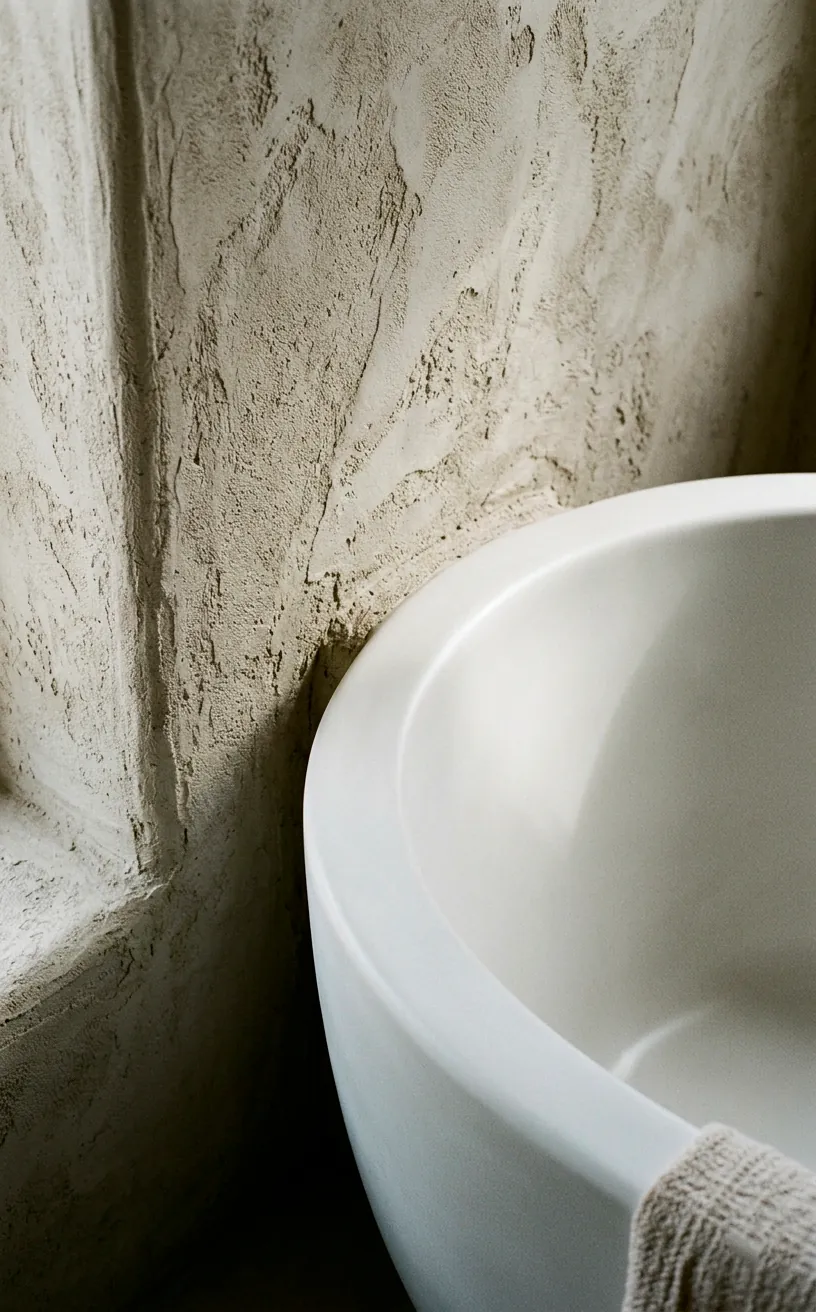 Matte white resin soaking tub against a textured tadelakt plaster wall in a modern bathroom.