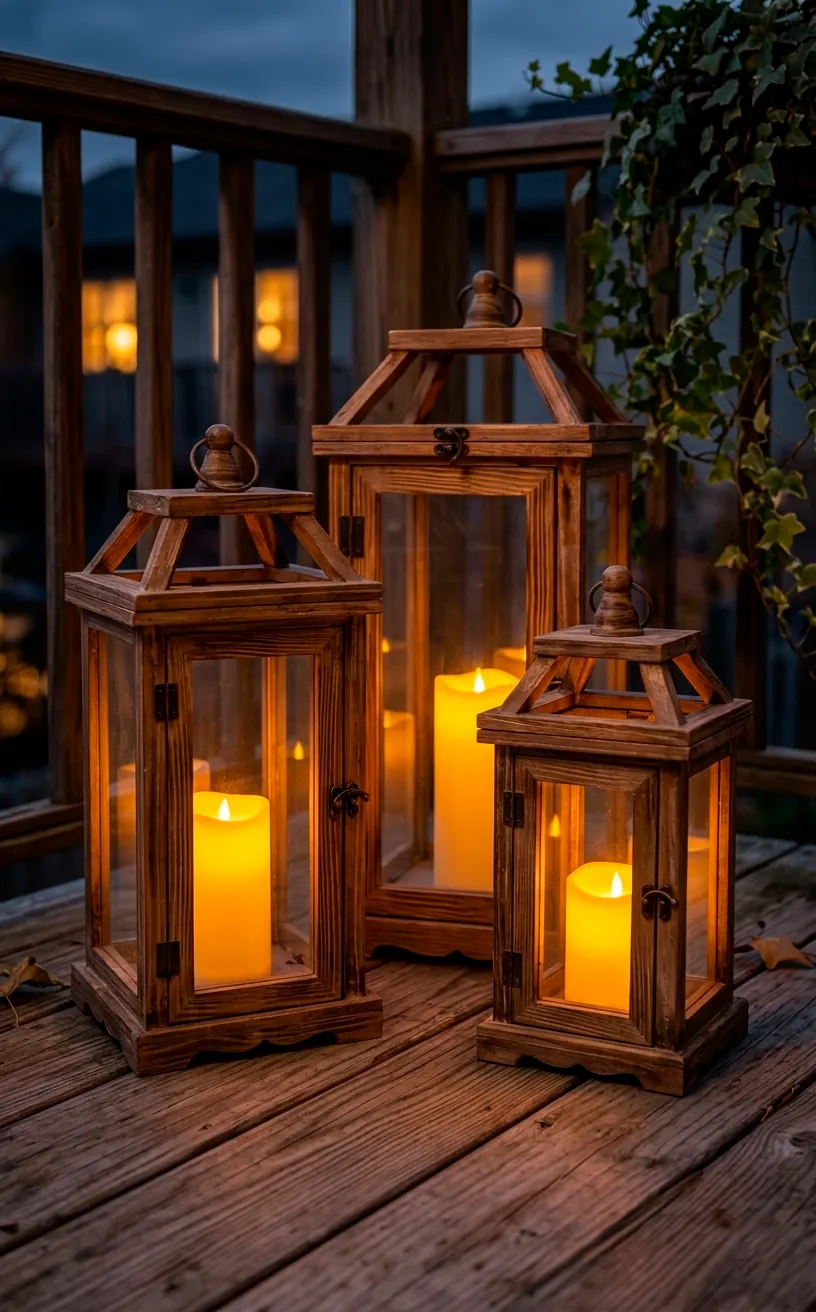 A trio of pine wood-framed lanterns with glowing LED candles on a deck floor.