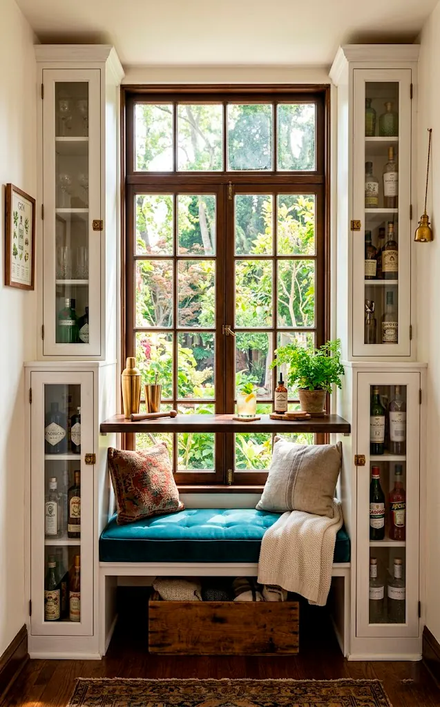 Window bench flanked by tall white bar cabinets in a sunny room