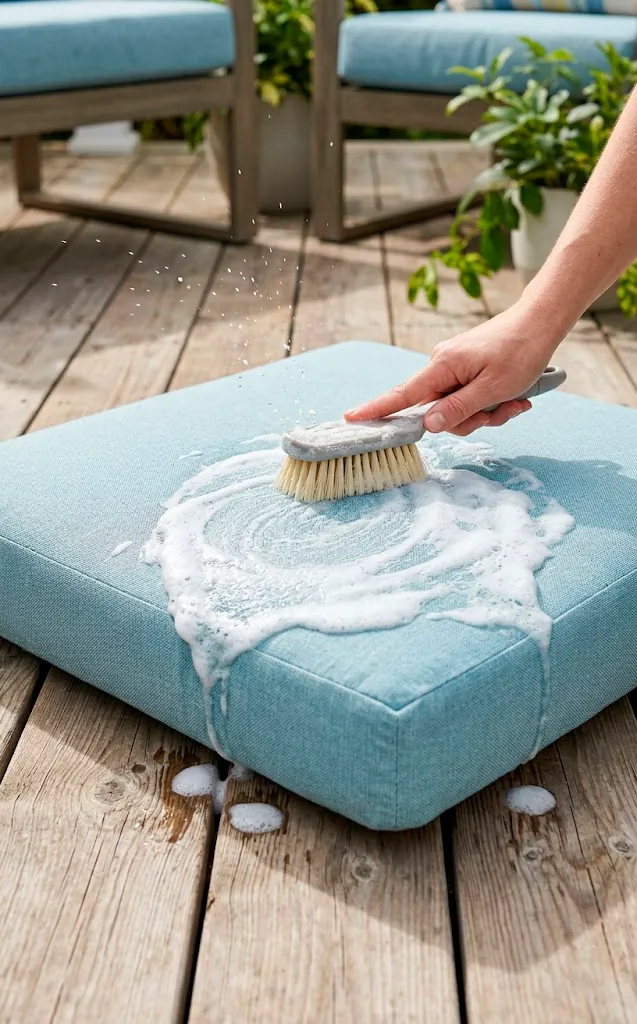 Soft bristle brush cleaning a light blue outdoor patio cushion with soapy water.