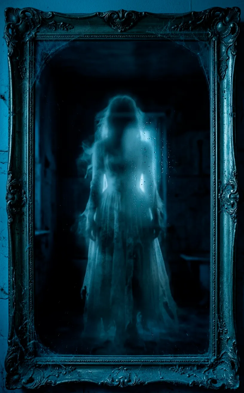 Ghostly woman silhouette appearing through frosted glass on a vintage mirror.
