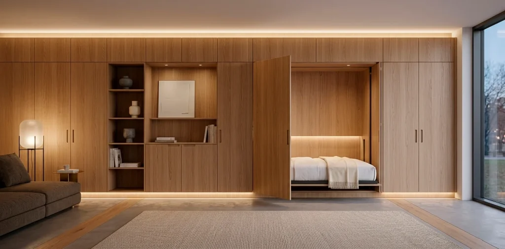 Wide horizontal shot of a modern living room with a hidden Murphy bed in oak cabinetry.
