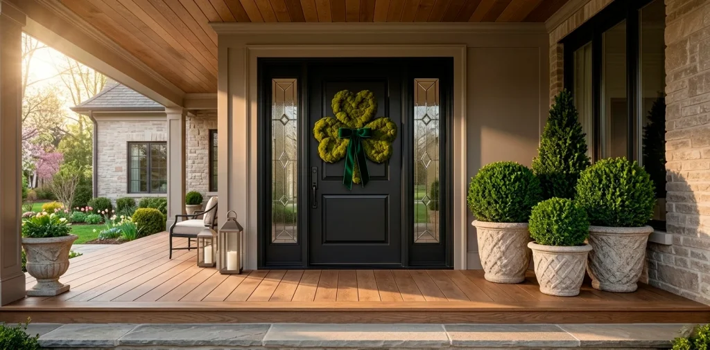 Luxury front porch featuring a high-end moss shamrock wreath on a black door with spring greenery.