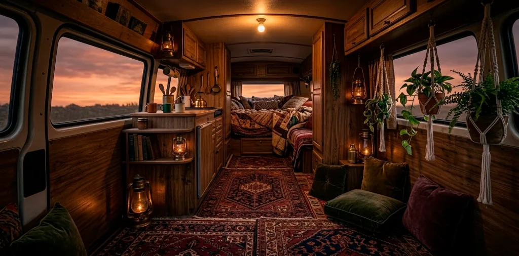 Moody hippie van interior with layered vintage rugs in deep jewel tones and warm lantern lighting.