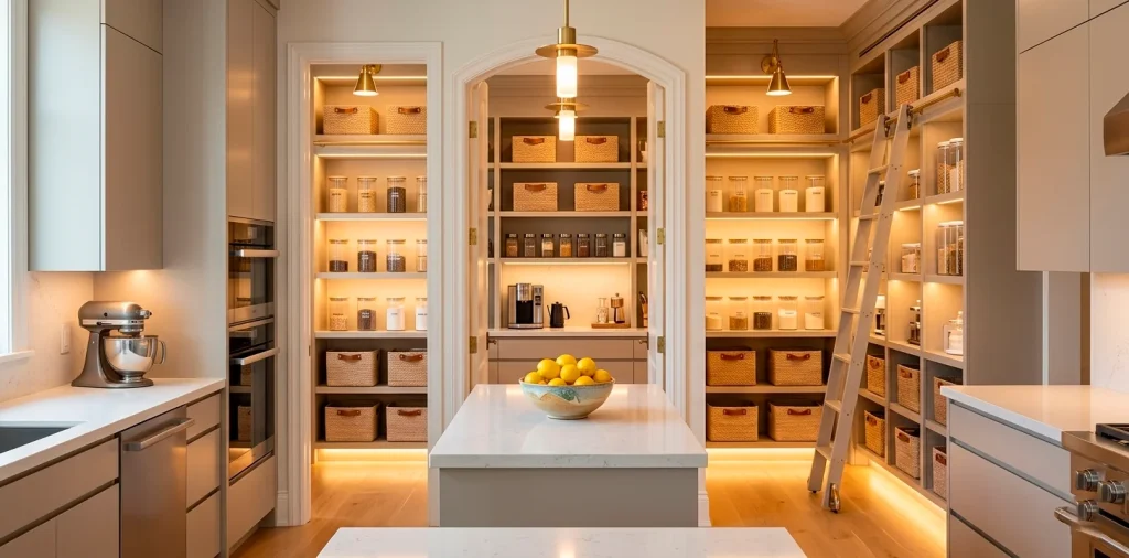Wide view of a professional walk-in pantry with organized shelving, matching jars, and a central prep island.