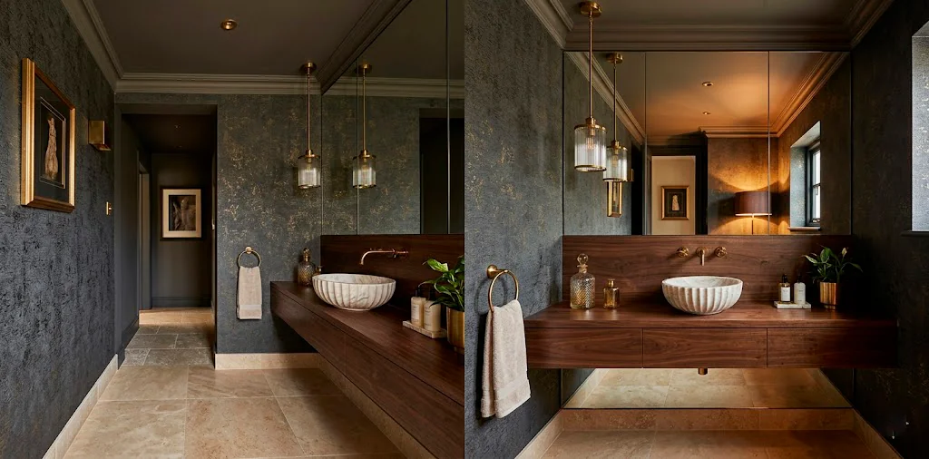 Luxurious small powder room featuring a floor-to-ceiling mirrored wall and warm ambient lighting