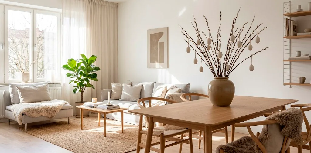 Bright Scandinavian living room featuring a minimalist Easter tree with bare branches and matte white eggs in a ceramic vase.