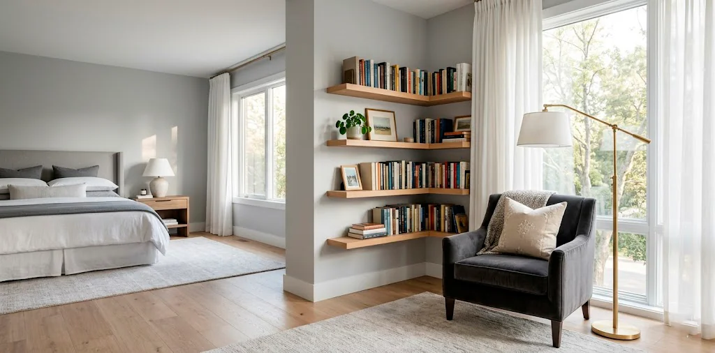 Sophisticated grey bedroom reading nook with a charcoal velvet armchair and brass floor lamp