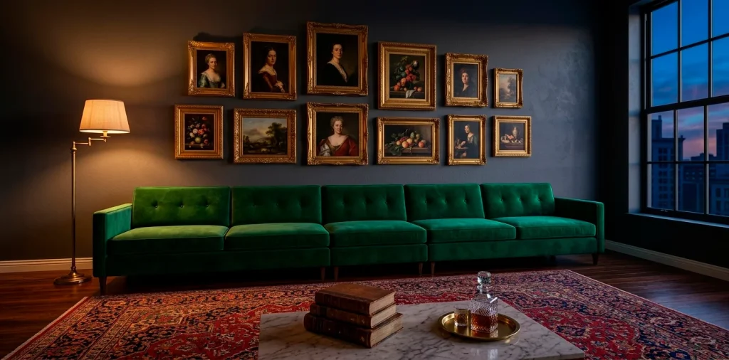 Luxurious emerald green velvet sofa in a moody vintage living room with gold frames and dark walls.