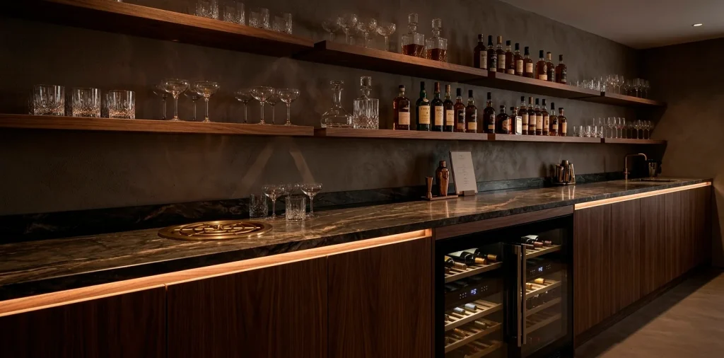 Luxury home bar featuring moody under-counter lighting, a premium built-in wine cooler, and quartzite countertops.