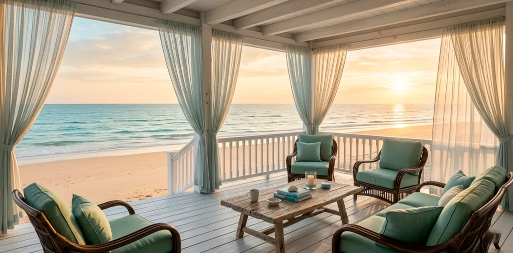 A wide view of an airy coastal porch featuring rattan furniture, sheer curtains, and a beautiful ocean view in the background.