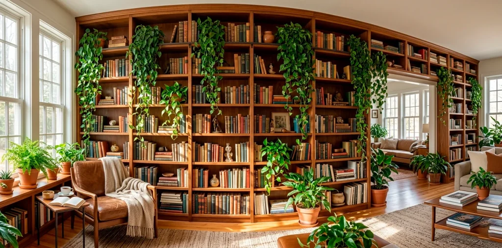 Wide view of a bright living room featuring a large wooden bookcase overflowing with trailing ivy and vintage books in natural light.