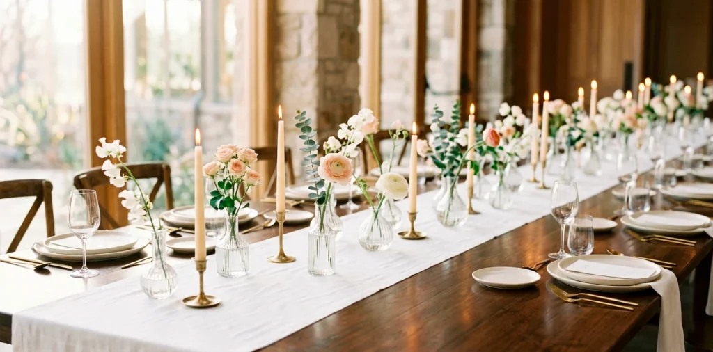 Elegant minimalist wedding table featuring scattered small glass stem vases and warm glowing taper candles