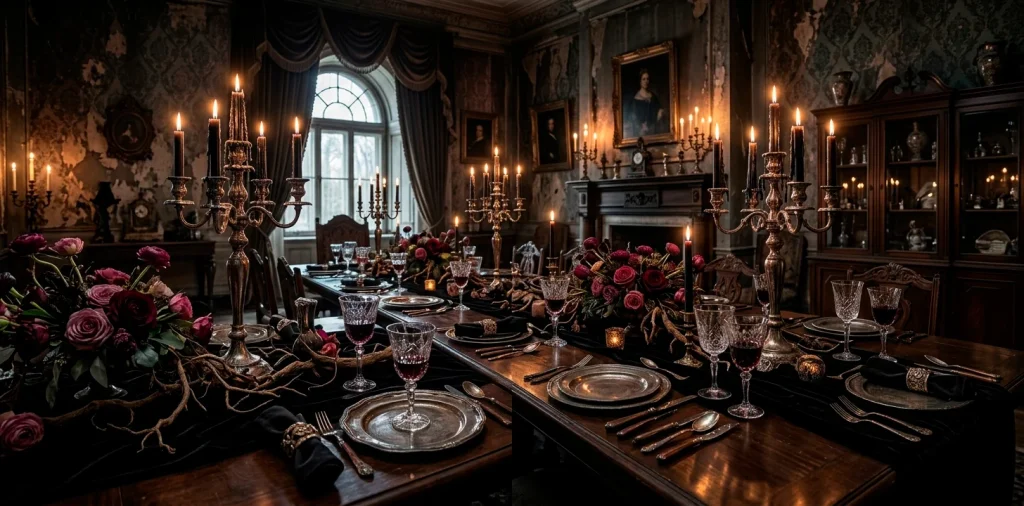 Wide view of an immersive gothic banquet table with dramatic Halloween party decor, dark florals, and candelabras