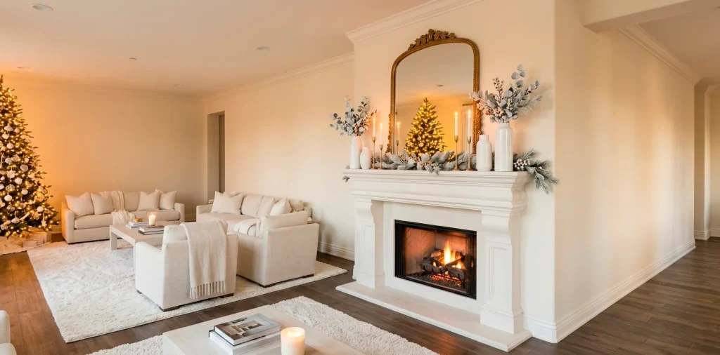 Luxurious white and gold winter mantel decor in a cozy living room with a warm fireplace glow.