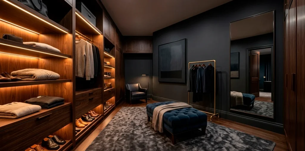 Luxurious small dressing room featuring dark charcoal walls, walnut cabinetry, and warm LED lighting.