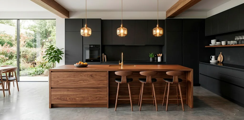 Stunning modern kitchen featuring dark matte charcoal cabinets paired beautifully with a rich walnut wood island.