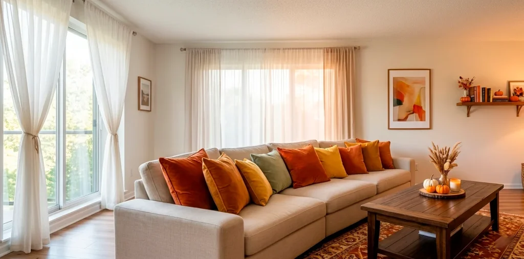 Cozy living room transitioning from summer to Thanksgiving decor with warm autumn tones