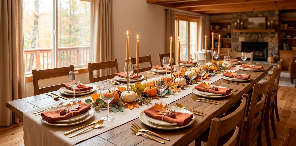 Elegant fall table decor setting with white pumpkins, brass candlesticks, and gold flatware on a rustic wooden dining table.