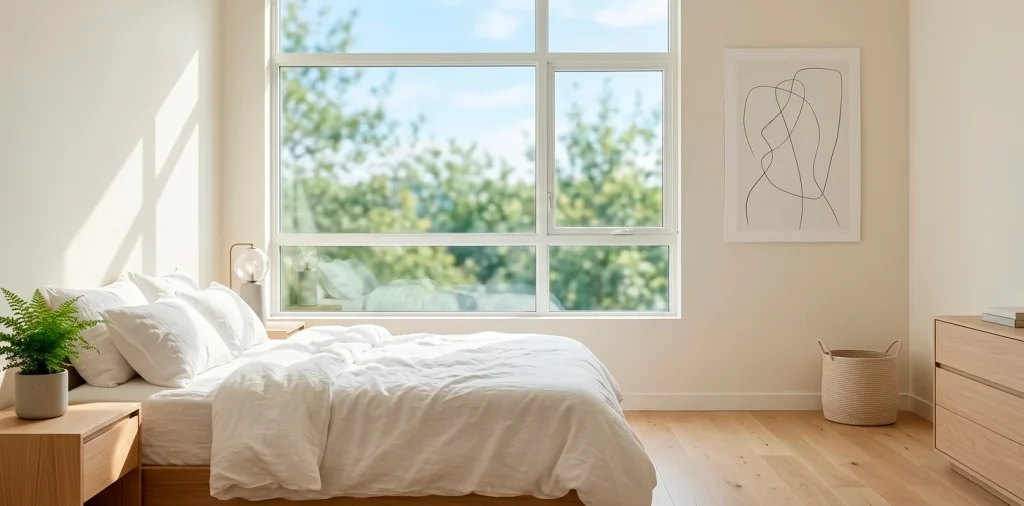 Wide shot of a small modern bedroom with clever bed placement near a window to maximize natural light.