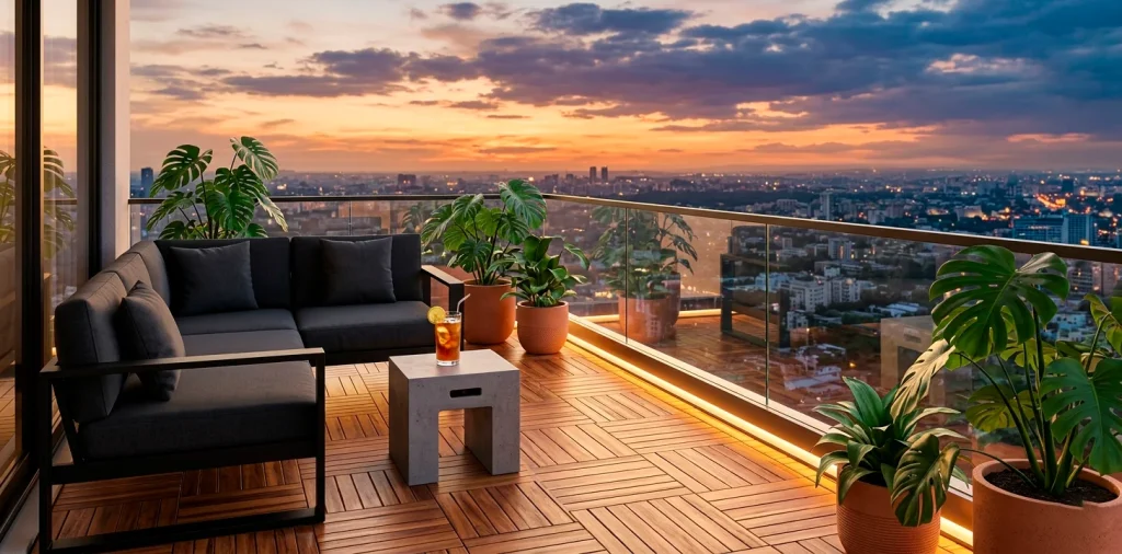Luxurious modern balcony design featuring sleek modular furniture and acacia wood flooring at sunset